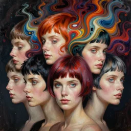 fantastic extraordinary beautiful women with short haircut into fluid infinity variations of colours mass, close - up, piotr jablonski, viktor safonkin, jeff dekal, larry elmore, intricate details, hyperrealistic oil painting on canvas, deep depth field, hd, hdr, 4 k, 8 k