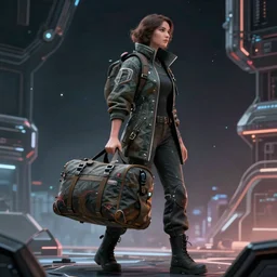 a woman carrying a large bag of luggage, cyberpunk art by maciej kuciara, cgsociety, space art, redshift, concept art, sci - fi