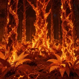 a flaming forest, flaming leaves, magma, flame ferns, flame shrubs, huge flame fantasy plant, covered in flame porcelain vine, artstation, by jakub rozalski, greg rutkowski, anthony avon
