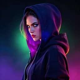 cyberpunk goddess in hoodie, side portrait, angry, striking, defiant, spotlight, vibrant colors, beautiful eyes, by marco paludet and gianni strino and marion bolognesi