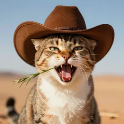 panting of a cat with a cowboy hat and a piece of grass in his mouth, desert background, coherent composition, artstation