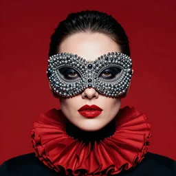 an 8 0 s portrait of a woman with dark eye - shadow and red lips with dark slicked back hair, a high fashion mask made of wire and beads, dreaming acid - fueled hallucinations, psychedelic by serge lutens, rolf armstrong, delphin enjolras, peter elson, red cloth background, frilled blooming collar, alexander mcqueen