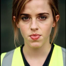 photo, close up, emma watson in a hi vis vest, chewing tobacco, bulging lower lip, portrait, kodak gold 2 0 0,