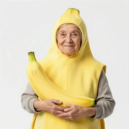 a photo of an old lady wearing a banana suit, holding an rgb gaming keyboard. The keyboard is on fire.