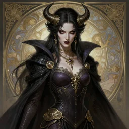 portrait of a dangerous and evil sorceress, solarpunk, baldurs gate! intricate, elegant, highly detailed, ray tracing, digital painting, artstation, concept art, smooth, sharp focus, illustration, art by artgerm and greg rutkowski and alphonse mucha, 8 k