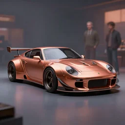 surrealism car with widebody kit, painted in copper. len blur background bokeh. art by ismail inceoglu, filip hodas, and pixar.