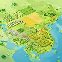a beautiful illustration of a prosperous continent with various kinds of landscape distributed all over it, including orchard, rangeland, cornfield, forest, aquafarm and rice field, low poly style, trending on behance, colorful,