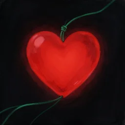 a glowing red heart connected to dark green strings with a black background, digital art, painting, trending on art station