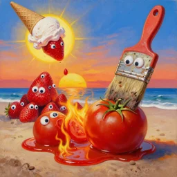 a funny high resolution oil painting with dirty old brush of a lazy red burning and melting tomatos with to many googly eyes on a sunset beach to hot for the sun, big piles of strawberry icecream in cones falling from the sky by james jean and fernando botero