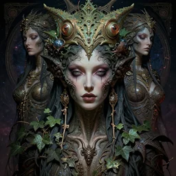 uncut centered coherent realistic fullbody portrait with only one face. complex hyper-maximalist overdetailed cinematic cosmic scifi portrait of an elegant very attractive but wild and dangerous reptilian goddess by andrei riabovitchev, tomasz alen kopera, oleksandra shchaslyva. Omnious intricate. Secessionist portrait illustration. Poison goddes. Slightly Reminds to poison ivy. Focus on face. Artstation. Deviantart. 8k 4k 64megapixel. Rendered by binx.ly.