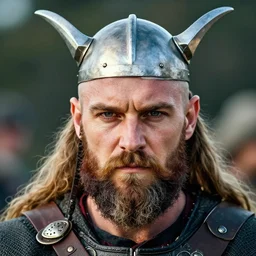 a vibrant color photograph of a viking warrior face, 8k