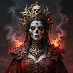 a beautiful detailed 3d matte painting of female empress of the dead, by ellen jewett, by tomasz alen kopera, by Justin Gerard, symmetrical features, ominous, magical realism, texture, intricate, ornate, royally decorated, skull, skeleton, whirling smoke, embers, red adornements, red torn fabric, radiant colors, fantasy, volumetric lighting, micro details