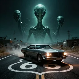 Route 66 being attacked by aliens, dramatic, cinematic, dark,
