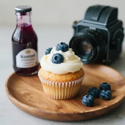 kodak portra 4 0 0, medium format, food photography of a blueberry cupcake on a wooden plate, with white creme topping and a bottle of blueberry sauce on the side, narrow shot,, macro shot, hasselblad x 1 d - 5 0 c, 1 0 0 mm f 1. 8, soft light