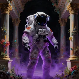 a silhouette of an astronaut in a baroque neoclassicist halls overgrown with colorful otherworldly technology. close - up view, detailed textures. glowing purple fog, dark black background. highly detailed fantasy science fiction painting by moebius, norman rockwell, frank frazetta, and syd mead. rich colors, high contrast