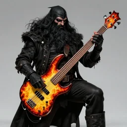 bugbear playing flaming ibanez bass guitar, black beard, class hunter, d & d, dungeons and dragons, ornate steel armour,, male, strong outline, character design on white background, by painted by norman rockwell, tom bagshaw, mucha, gaston bussiere, craig mullins, j. c. leyendecker 8 k
