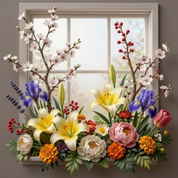still life of flowers and fruit, centered, window lighting, complex 3 d render, ultra detailed, 1 0 5 mm lens, refined, high definition, cherry blossoms, white flowers, red berries, detailed branches, twigs, lavender, yellow st joseph lily, peonies, foliage, marigold, tulips, blue iris,