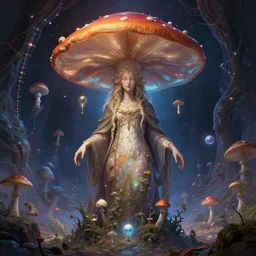 mushroom deity inside void manifold, portrait by ross tran, timeline nexus, ascending universes, a dnd illustration of philosophical concept by cgsociety and james gurney, artstation, hdr, rtx