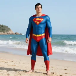 superman at the beach, speedo, realistic, highly detailed