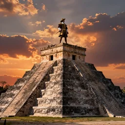 spanish conquistador standing on top of a mayan pyramid in the sunset, painting by velazquez