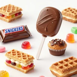 a jello chocolate candy lollipop snickers bar icecream cake muffin jaffa marshmallow nougat waffle candy gummy jelly sandwich, volumetric lighting, octane render, unreal engine, 8k, hd food photography, highly detailed, stroopwaffel
