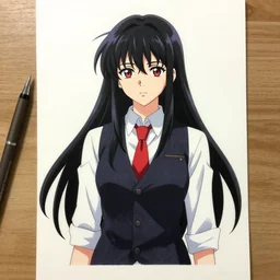 anime drawing of julianne stingray ( from va - 1 1 hall - a ), anime, long black hair, vest, dress shirt, red tie, digital art, 8 k, 4 k, masterpiece, trending on artstation, art by christopher ortiz