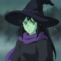 young female witch with pale green skin wearing a black witch hat, jet black hair, bright green eyes, simple black dress and a purple scarf, detailed perfect face, exquisite details, mid view, design on a foggy night background, by studio muti, greg rutkowski makoto shinkai takashi takeuchi studio ghibli