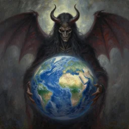evil and suffering being transformed into goodness, life, and peace. he holds a world of darkness, but beneath him is a world of peace | epic painting by craig mullins