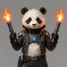 a portrait of a cyberpunk panda holding two flamethrowers, fantasy, elegant, digital painting, artstation, concept art, matte, sharp focus, illustration, art by josan gonzalez