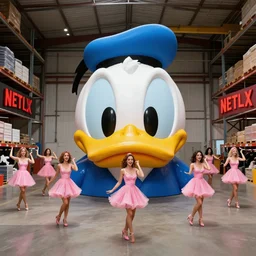 3 d wide shot, a large donald duck head in a warehouse with 9 dancing ladies in pink cocktail dresses, netflix logo, beeple