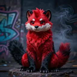 photo, subject [ furry _ fandom _ fursona _ original _ character ( red - black, anthropomorphic _ humanoid _ furry, weasel - ferret - stoat ) ], background ( dark _ smokiness ), medium [ graffiti ]