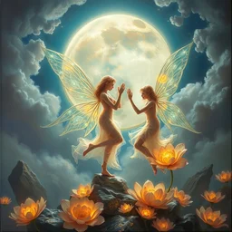concept art of translucent glowing fairies dancing, lovecraftian, renaissance, melting, round moon, rich clouds, moon rocks, large alien flowers, very detailed, volumetric light, mist, fine art, textured oil over canvas, epic fantasy art, very colorful, ornate intricate shiny scales, fractal gems