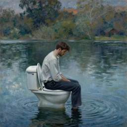illustration of man sitting on toilet in middle of lake, panorama, suspicious, detailed, concept art, cinematic, dramatic, artwork by claude monet