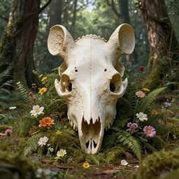 ornate carved rat skull statue inside ancient forest covered in flowers, natural light, artwork by neil gaiman maria panfilova andrea savchenko mike kime ludovic plouffe qi shengluo oliver cook julian calle eddie mendoza, trending on artstation