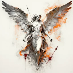 highly detailed and abstract angel of war, with bloody spears, silver white and orange color scheme, by peter mohrbacher and greg rutkowski