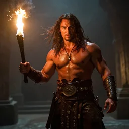 film still from conan the barbarian, jason momoa as conan holding a torch in the catacombs of evil, fantasy armor, volumetric lighting, mist, wet skin and windblown hair, muscular!!!, masculine pose, ridley scott