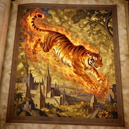 tiger of fire with many legs flying in a medieval manuscript, medieval manuscript, golden miniatures, postapocaliptic scenery, massive architecture, ultrarrealistic, octane render, unreal engine, povray, raytracing, volumetric light, hdr