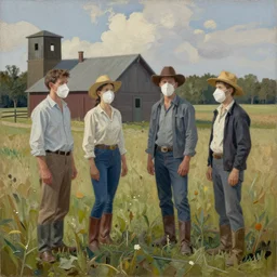 oil on beaverboard, by grant wood in the style of american gothic, farmers wearing ffp 2 masks