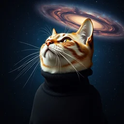 a bust portrait of a cat in a black turtleneck pullover being mesmerized by the vastness of space