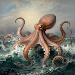 giant octopus with gigantic tentacles rising above the waves of an angry ocean, by jmw turner