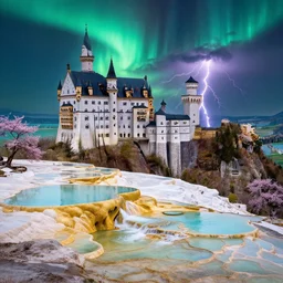neuschwanstein castle on pamukkale thermal waters flowing down gold travertine terraces in antelope canyon during sakura season on an interstellar aurora borealis with heavy thunder and lightning, by peter mohrbacher, james jean, james gilleard, greg rutkowski, vincent di fate, rule of thirds, beautiful landscape