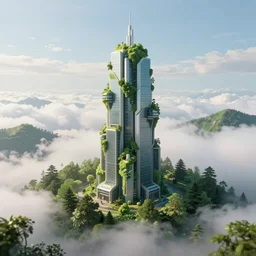 a lone futuristic environmentally friendly building towering over clouds, in a green forest, camera from below, high depth field, realistic digital art, trending on artstation