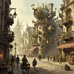 a detailed concept art of a steampunk street, by moebius, by beeple