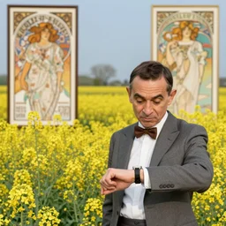 Mr. Bean waiting impatiently looking at his watch in a field of yellow flowers, Artgerm, Donato Giancola, Alphonse Mucha, WLOP