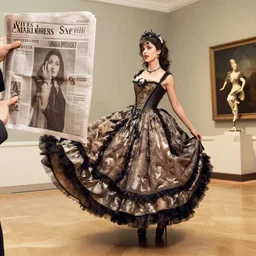 a newspaper photography of a woman with a fancy dress kicked out from a museum,