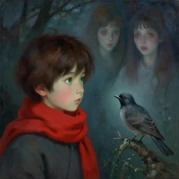 a young boy japanese art with a red scarf, medium long brown hair, green eyes, is looking at a bird, ethereal, horror, fantasy art by greg rutkowski and magali villeneuve and claude monet