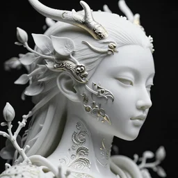 monochrome close - up profile face, black background, beautiful porcelain vegetal - dragon - cyborg - female, beautiful natural soft rim light, silver gold details, magnolia leaves and stems, roots, mandelbot fractal, elegant, hyper real, ultra detailed, white metallic armour