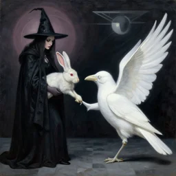 artemixel, white crow bringing rabbit leg to a occult witch by android jones and m. c. escher collaboration, futurist, digital art, dramatic lighting by nicola samori and jeffrey smith, oil on canvas