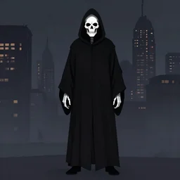 a full body shot of The Grim Reaper by Brahm Revel,colored by Ronda Pattison,white skeleton face,city in the background,dark colors,detailed,artstation