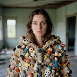 closeup portrait of a woman wearing a cloak made of toys, standing in a desolate abandoned house, by Annie Leibovitz and Steve McCurry, natural light, detailed face, CANON Eos C300, ƒ1.8, 35mm, 8K, medium-format print